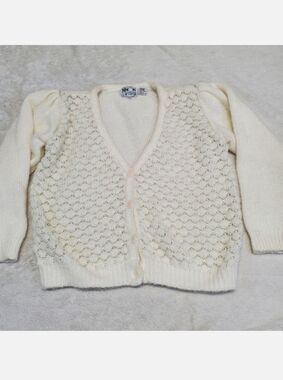 Vintage Ninon Cream Knit Button Cropped Cardigan Large‎ Boho Cozy Casual Chunky